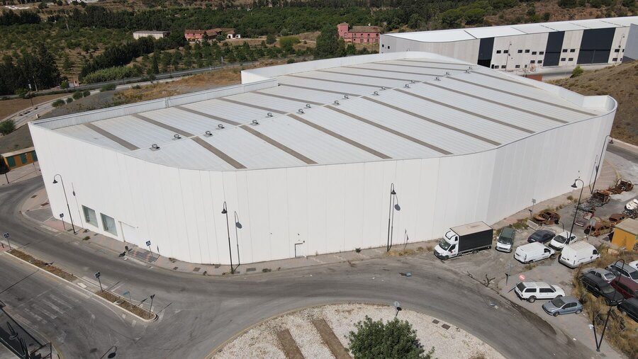 Industrial warehouse for furniture storage — aerial view of the completed building